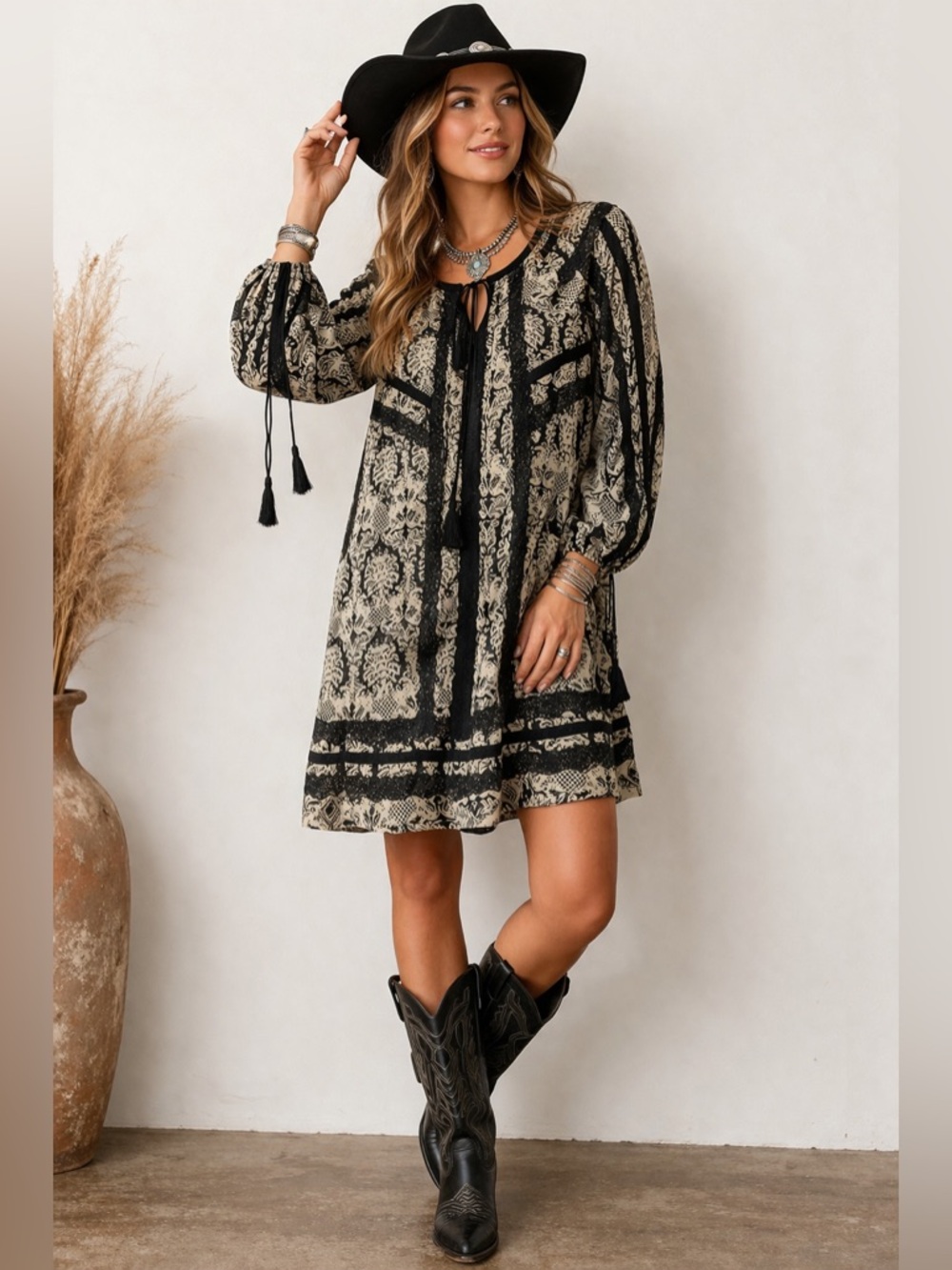 New - Double D Ranch Boho Western Dress in Black & Cream with Lace Tassel Tie - Picture 3 of 10